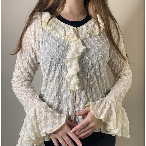 Hand Jive Cream Sheer Ruffle Textured Retro Style Lace Blouse Top Size Small - Picture 1 of 12